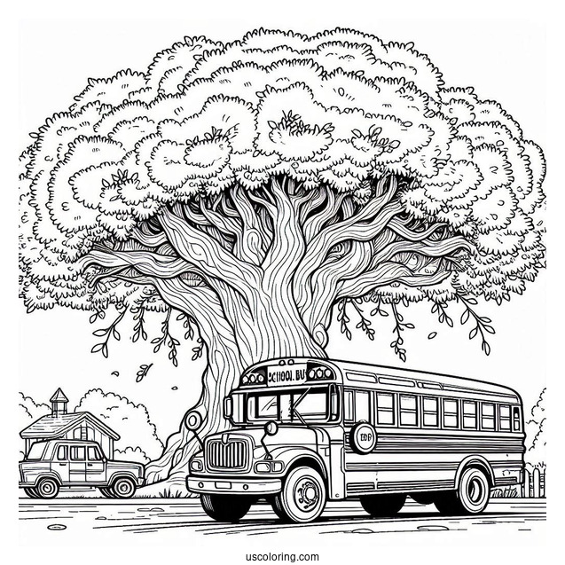 School Bus Coloring Page Parked In Front Of A Massive Tree