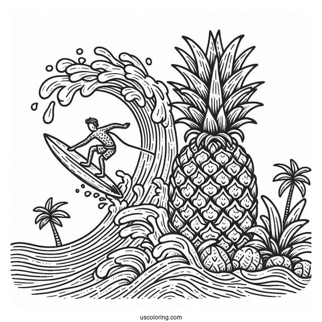 Surfing Pineapple Coloring Page Riding a Giant Wave For Kids
