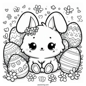 Easter Coloring Page Of Fluffy Kawaii Rabbit Surrounded By Easter Eggs