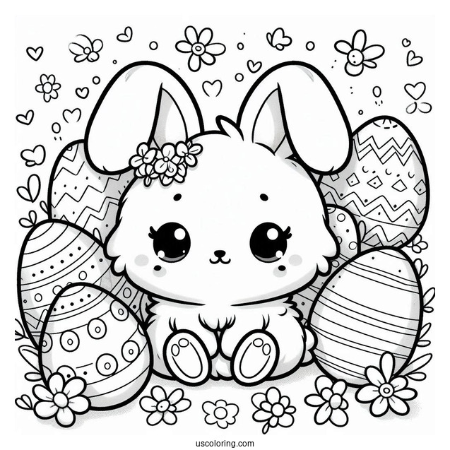 Easter Coloring Page Of Fluffy Kawaii Rabbit Surrounded By Easter Eggs