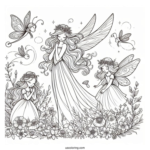 Flora, Fauna, and Merryweather Fairies Coloring Sheet