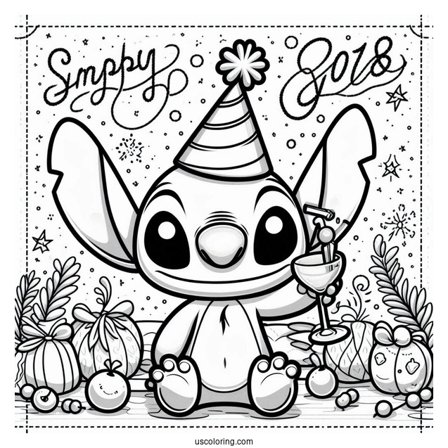 Stitch Wearing A Party Hat And Holding Up A Wineglass On The New Year Coloring Page