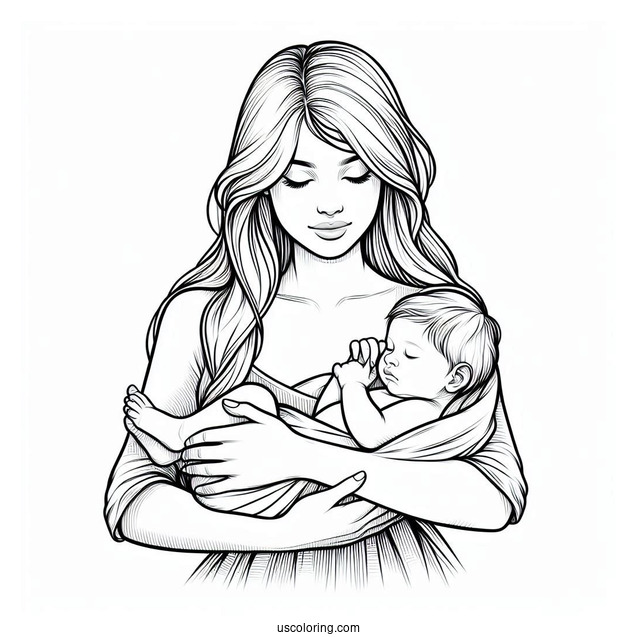 Realistic Woman Holding Newborn Baby Coloring Page