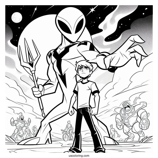 Ben 10 Coloring Page Of Feedback Alien Standing Behind Ben