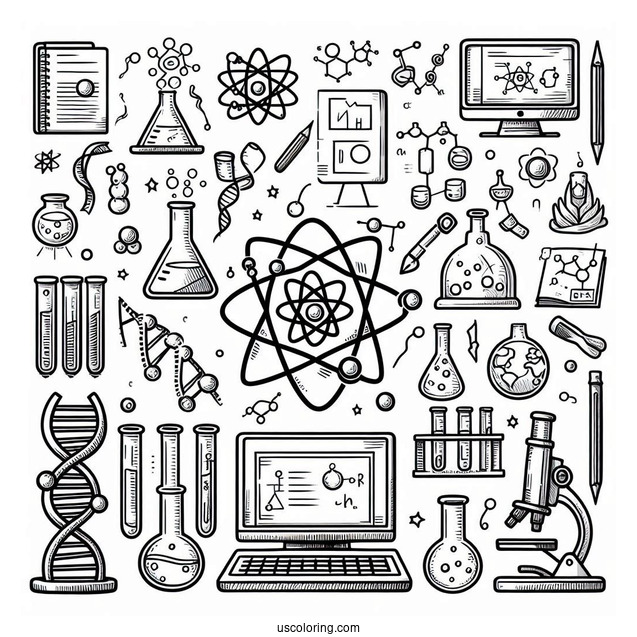 Science Coloring Page Of Full Page Scientific Symbols Atom, Beakers, Test Tubes, Computers, And DNA