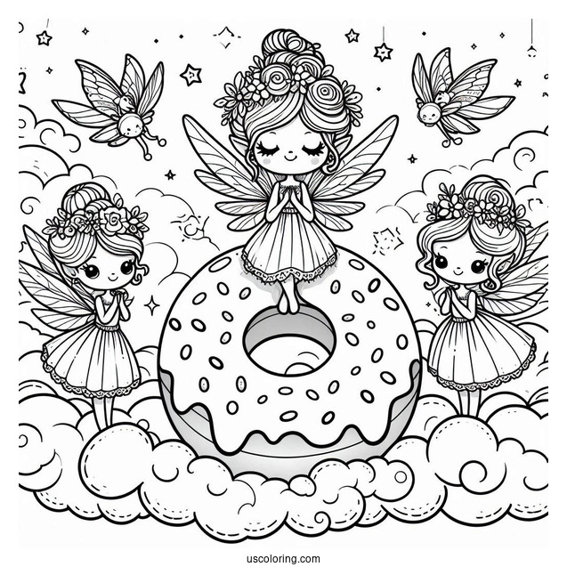 Fairies Surrounding A Donut Coloring Page In The Clouds