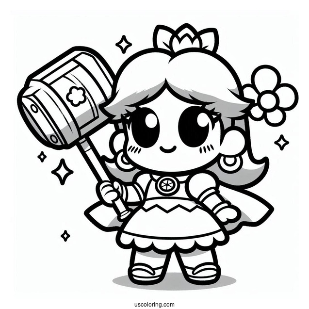 Kawaii Baby Princess Daisy Coloring Page Holding Hammer