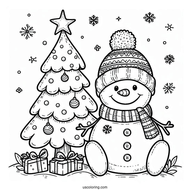 Happy Snowman Sitting Next To Christmas Tree