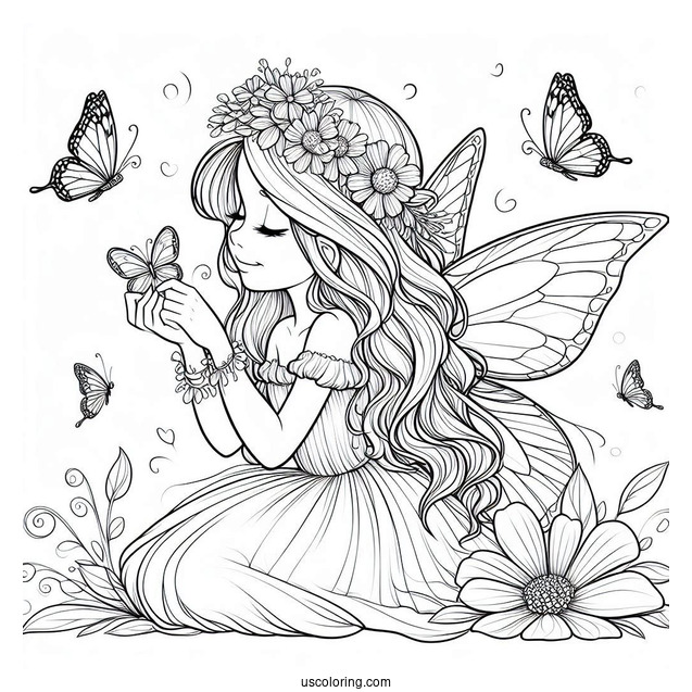 Fairy Playing With Tiny Butterflies Coloring Page