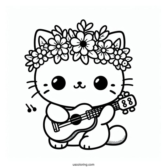 Kawaii Cat With A Flower Crown Playing The Ukelele
