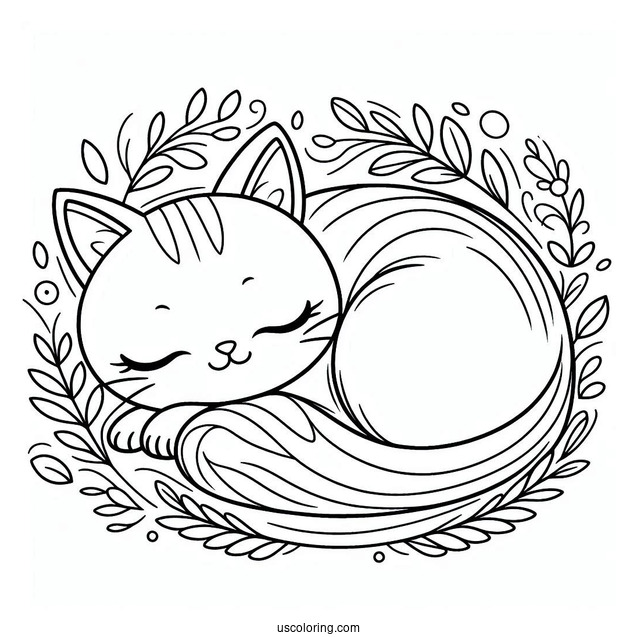Cat Curled Up Coloring Sheet For Preschoolers