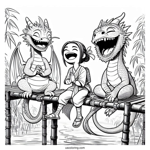 Raya And The Last Dragon Coloring Page Of Ongis Dyan, Pan, and Uka Laughing On Bamboo Bridge