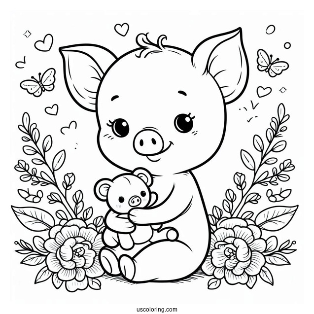 Baby Piglet Coloring Page Holding A Teddy Bear For Preschoolers