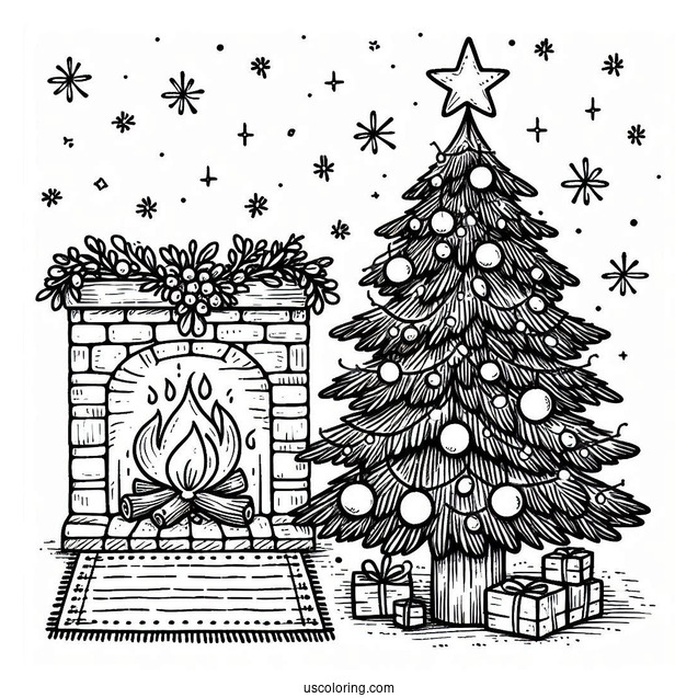 Christmas Tree With Star Next To Fire Place