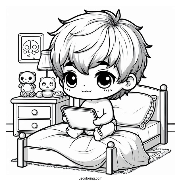 Chibi Little Boy Playing With His Tablet On His Bed