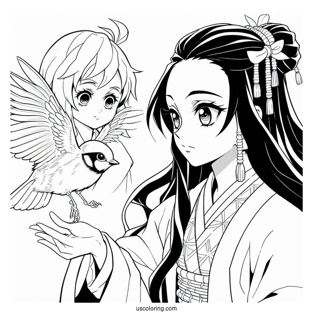 Nezuko Coloring Page And Tanjiro Holding Bird