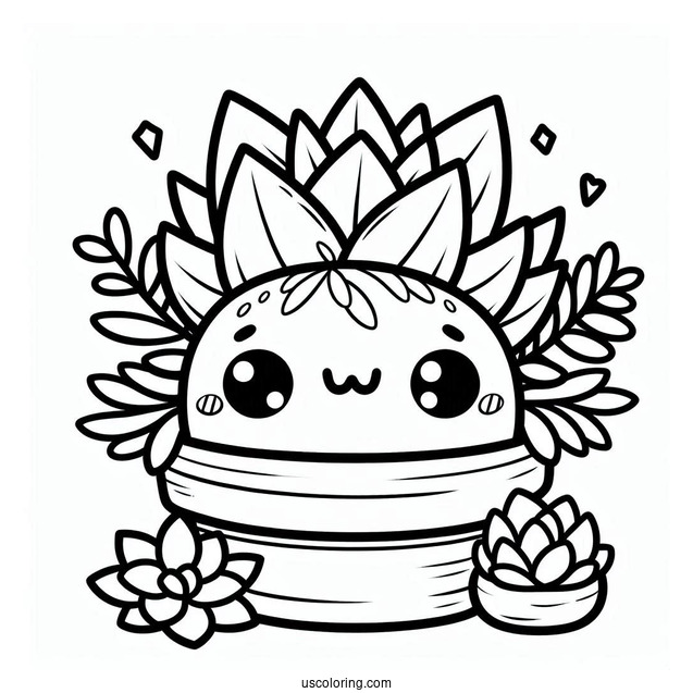 Kawaii Succulent Coloring Page In A Pot For Preschoolers