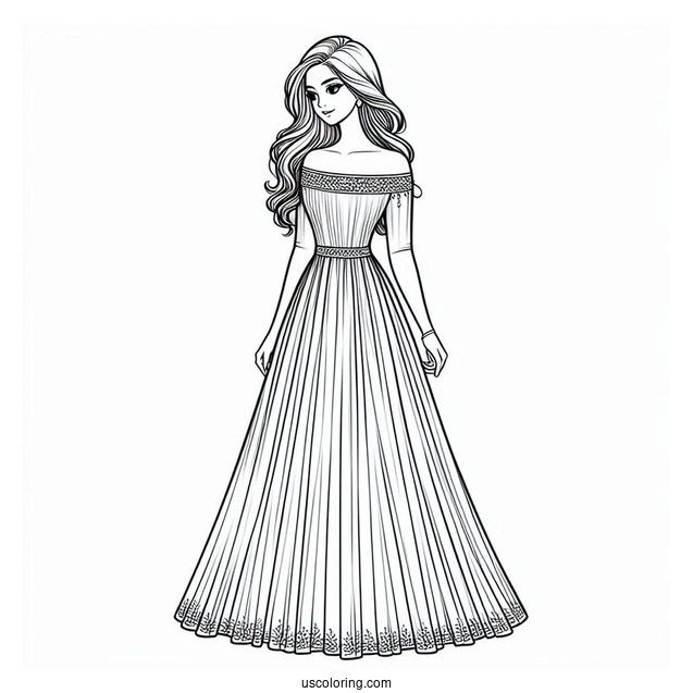 Off Shoulder Long Dress Coloring Page For Kids