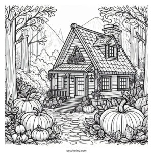 Cottagecore Pumpkin Coloring Page House In The Forest