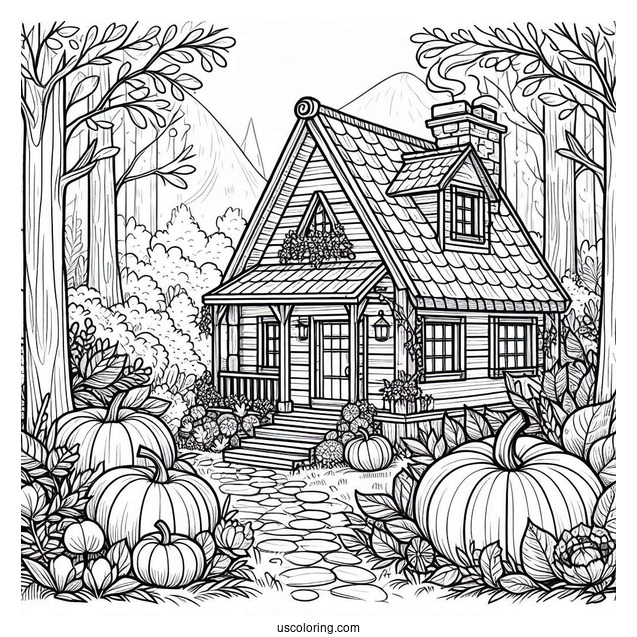 Cottagecore Pumpkin Coloring Page House In The Forest