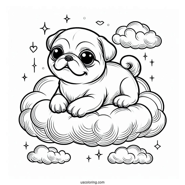 Lovable Pug Coloring Page Puppy Floating in the Clouds