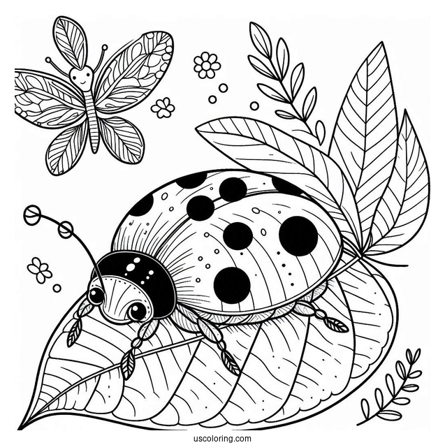 Ladybug Beetle Coloring Page On A Leaf For Kids