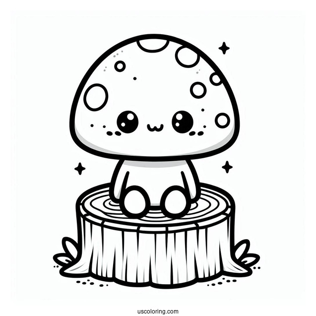 Kawaii Mushroom Coloring Page Sitting On A Tree Stump For Kids