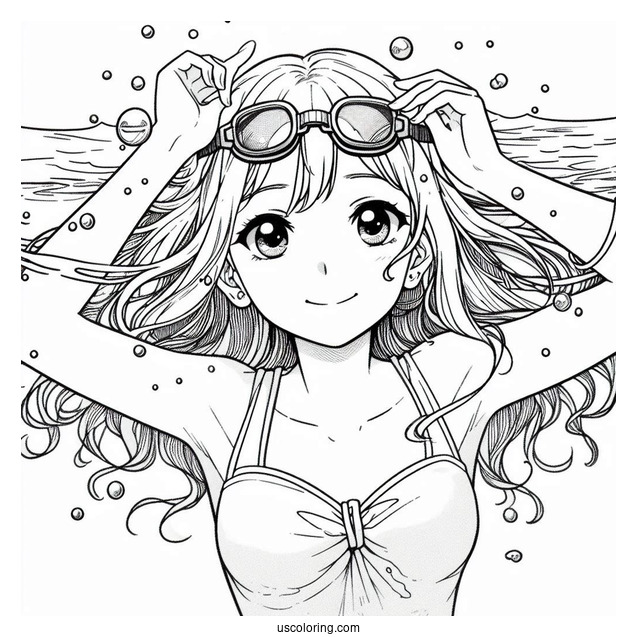 Girl Wearing Goggles Swimming Coloring Page Under Water