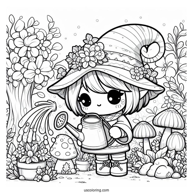 Chibi Coloring Page Gnome in a Fantasy Mushroom Forest Watering Flowers For Kids
