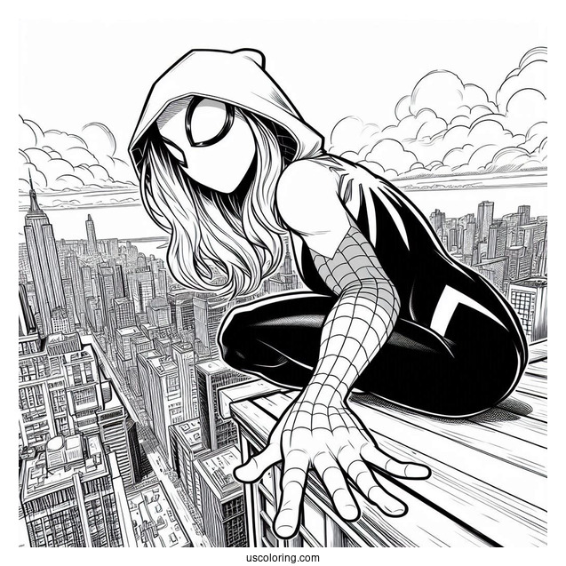 Spider-Gwen Coloring Page On The Edge Of A Building Holding Her Hand Out