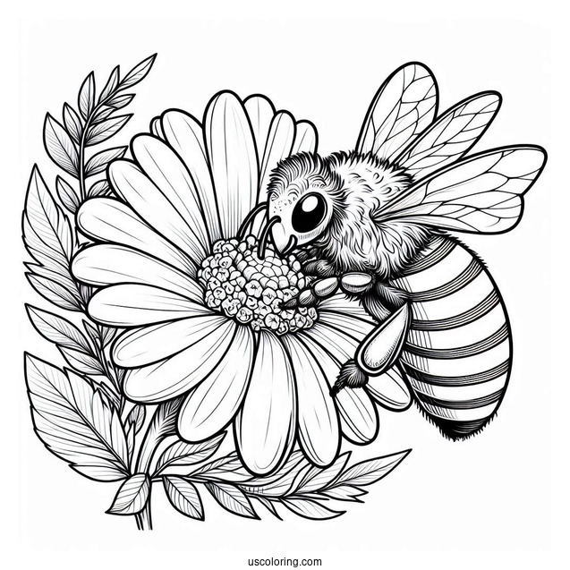 Realistic Bee Coloring Page Sucking Flower Nectar