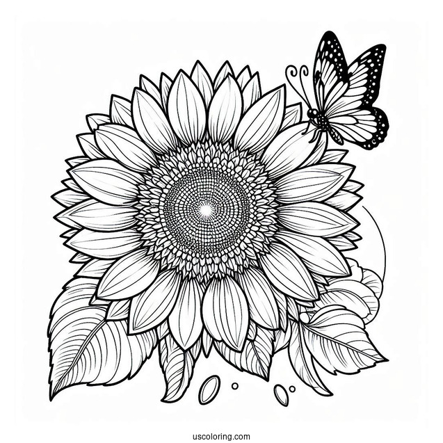 Sunflower With Butterfly Coloring Page
