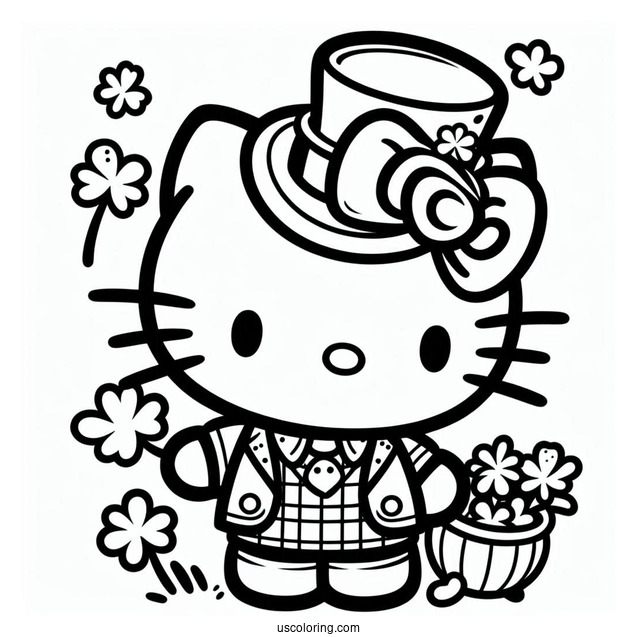 St. Patrick's Day Coloring Page Of Cute Hello Kitty Dressed As A Leprechaun With A Shamrock For Preschoolers