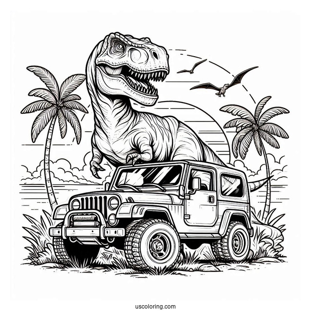 Jurassic Park T-Rex Standing On Jeep
