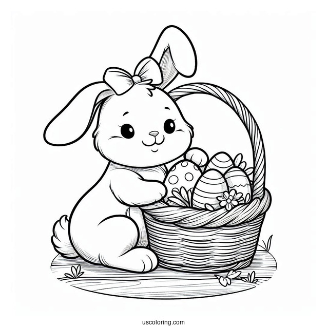 Easter Bunny Coloring Page Carrying Basket With Eggs For Kids