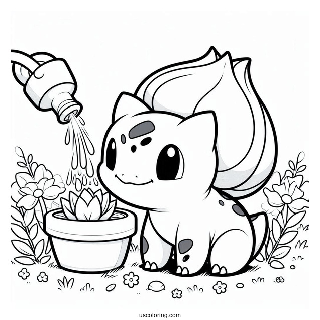 Bulbasaur Coloring Page Watering Flowers