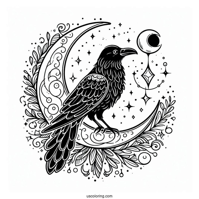 Magical Raven Coloring Page With Crescent Moon And Stars