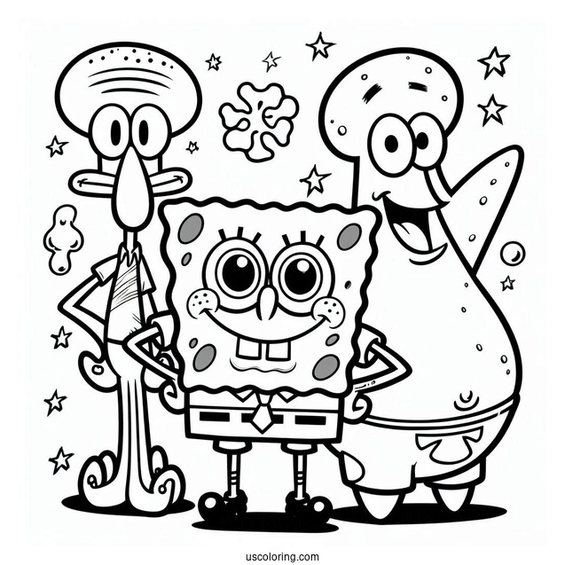 SpongeBob, Squidward, And Patrick Coloring Sheet