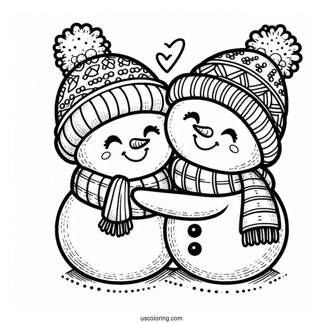 Two Cute Snowmen Hudgging Coloring Sheet