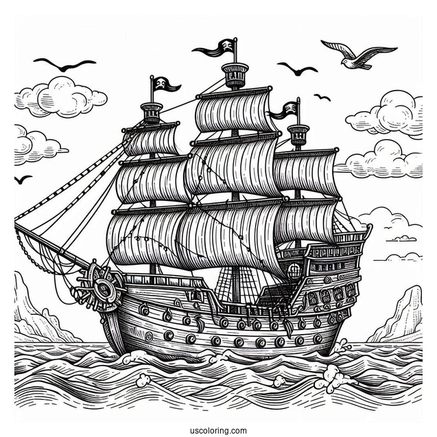 Large Pirate Coloring Page Ship At Sea