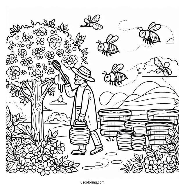 Bee Coloring Page Of Man Collecting Honey From A Apiary