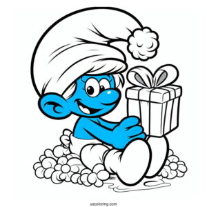 Coloring Page Of Jokey Smurf With Christmas Present