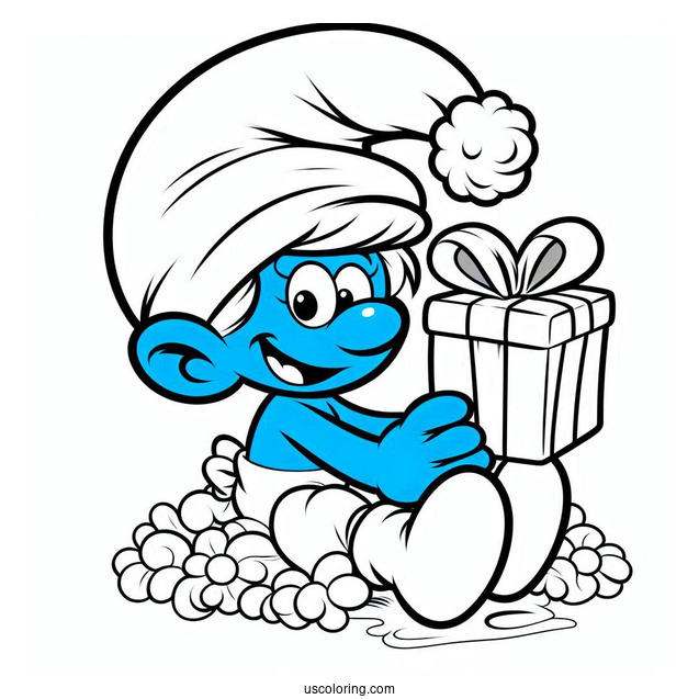 Coloring Page Of Jokey Smurf With Christmas Present