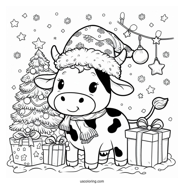 Christmas Themed Cow Coloring Page