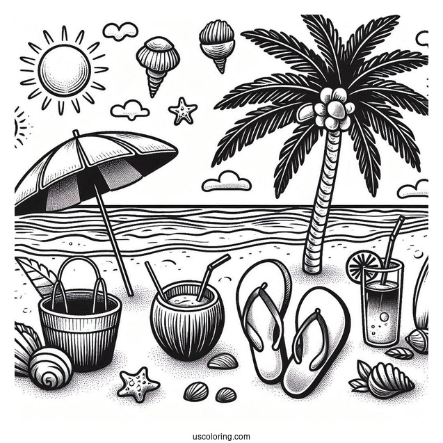 Beach Flip Flops, Umbrella, Surfboard, Seashell, Palm Tree, Coconut Drink, Bucket, And Sun