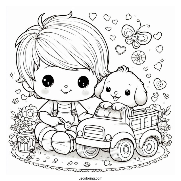 Precious Moments Coloring Page Of Boy With Toy Truck And Puppy