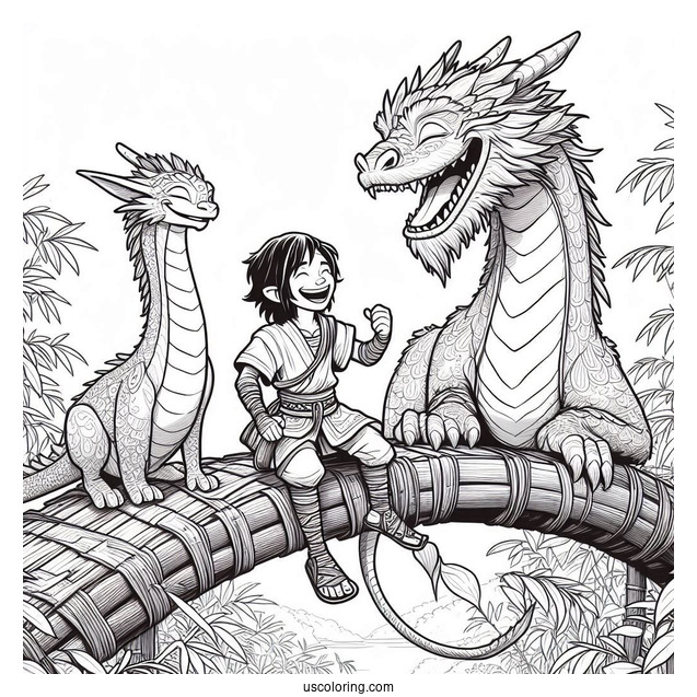 Raya And The Last Dragon Coloring Page Of Ongis Dyan, Pan, and Uka Laughing On Bamboo Bridge