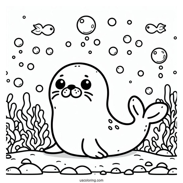 Chibi Cartoon Seal Coloring Page Underwater