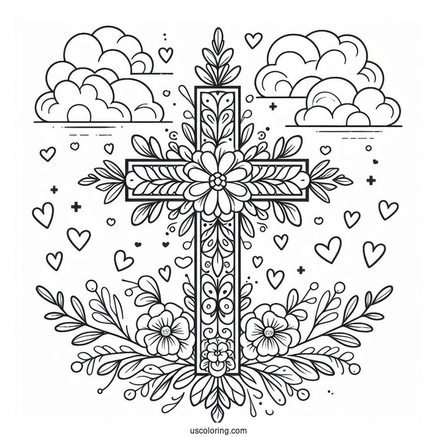Floral Cross Coloring Page With Clouds In The Sky And Love Hearts