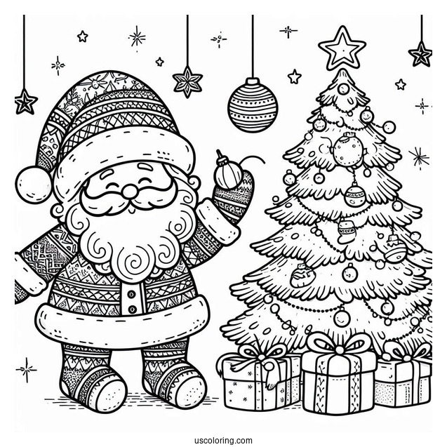 Santa Claus With Christmas Tree Coloring Page